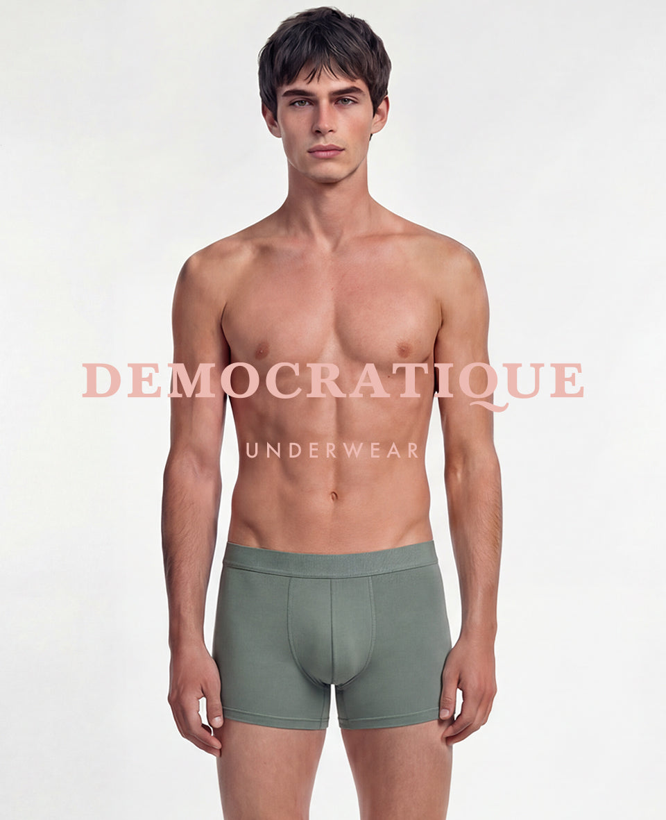 Democratique organic cotton boxer brief waistband close-up — premium construction detail