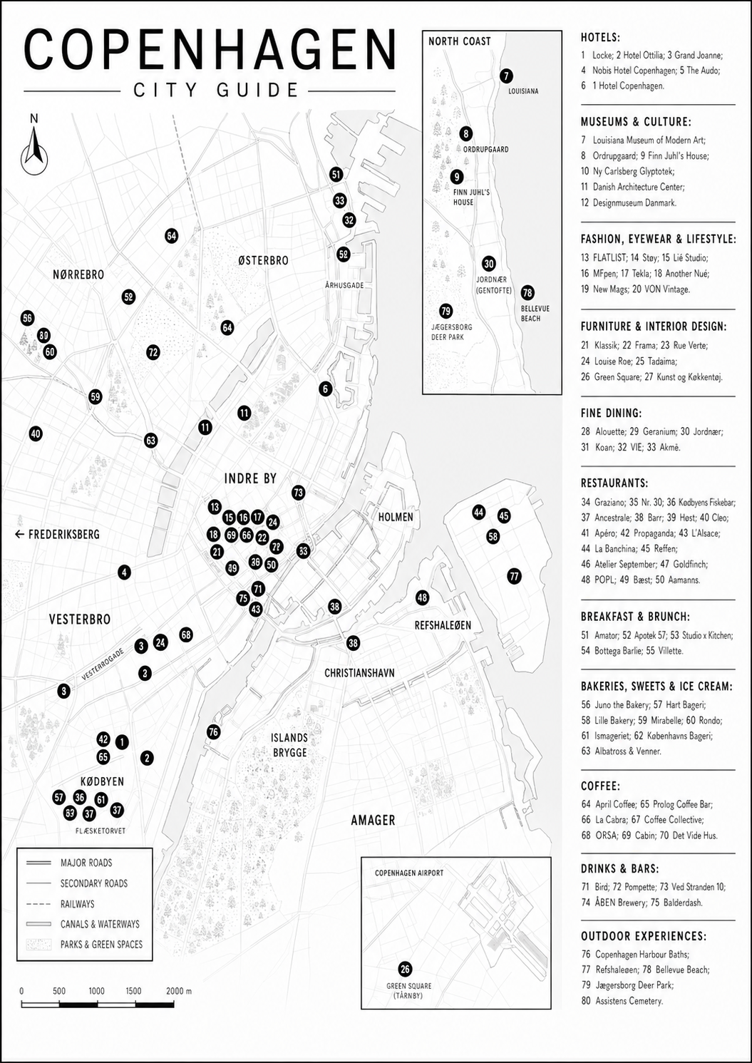 Black and white map of Copenhagen with 80 numbered spots — hotels, restaurants, cafés, shops and outdoor experiences from the Democratique Socks city guide