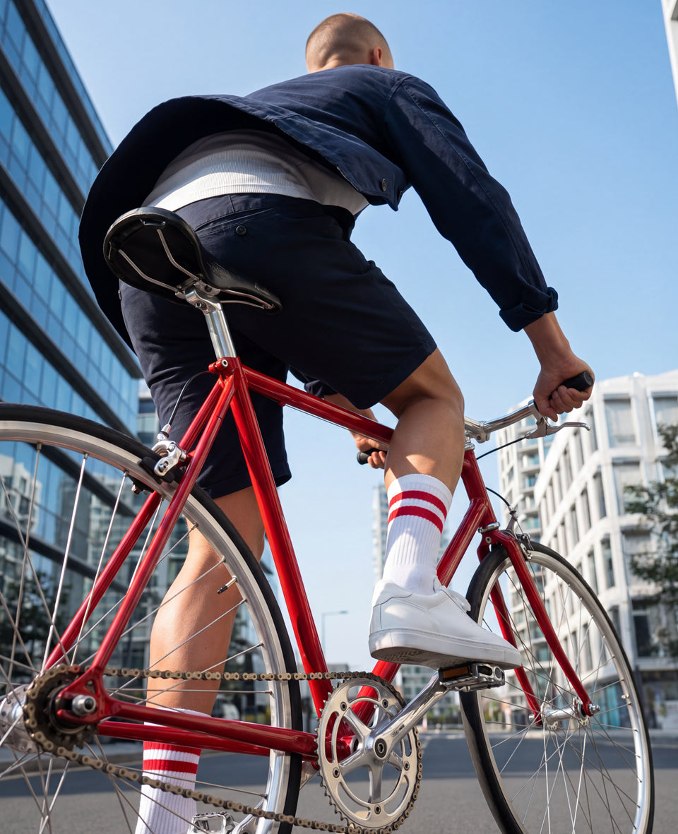 Man cycling a red vintage road bike through the city wearing white crew socks with red stripes, navy shorts and white sneakers