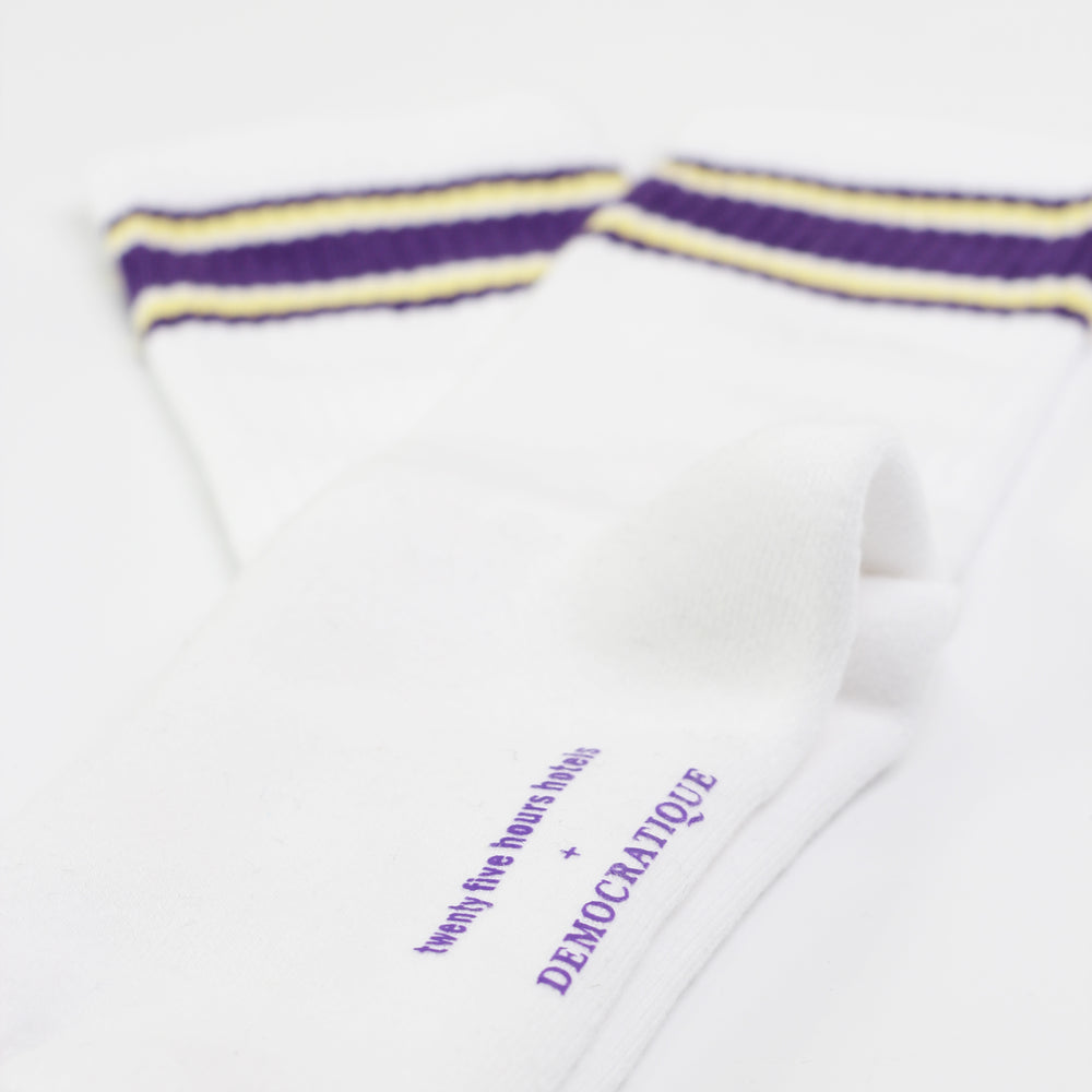 12-pack 25hours Hotels x Democratique Socks Athletique Classique KEEP IT MOVING Organic Cotton Clear White / Purple / Yellow - Democratique Socks