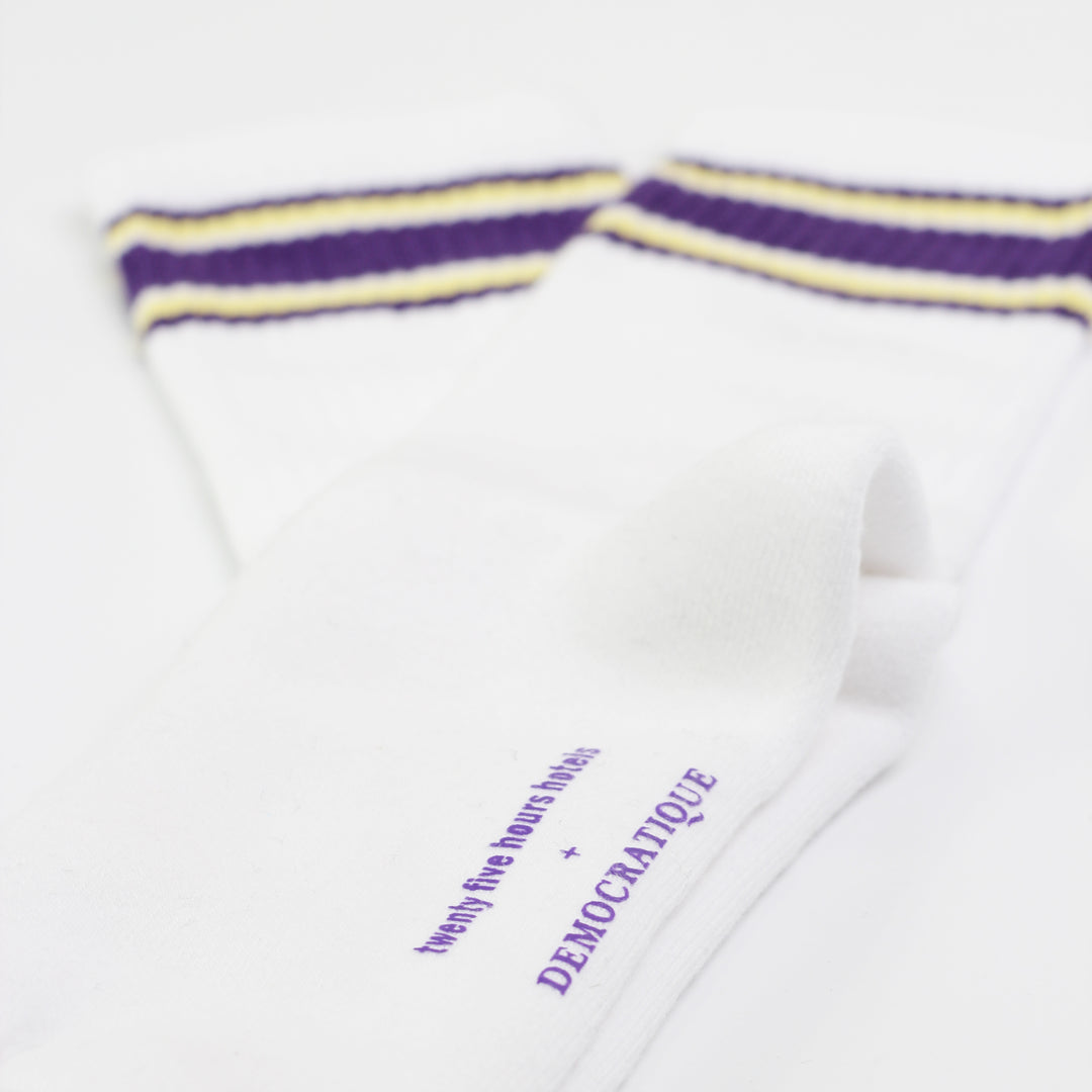 12-pack 25hours Hotels x Democratique Socks Athletique Classique KEEP IT MOVING Organic Cotton Clear White / Purple / Yellow - Democratique Socks