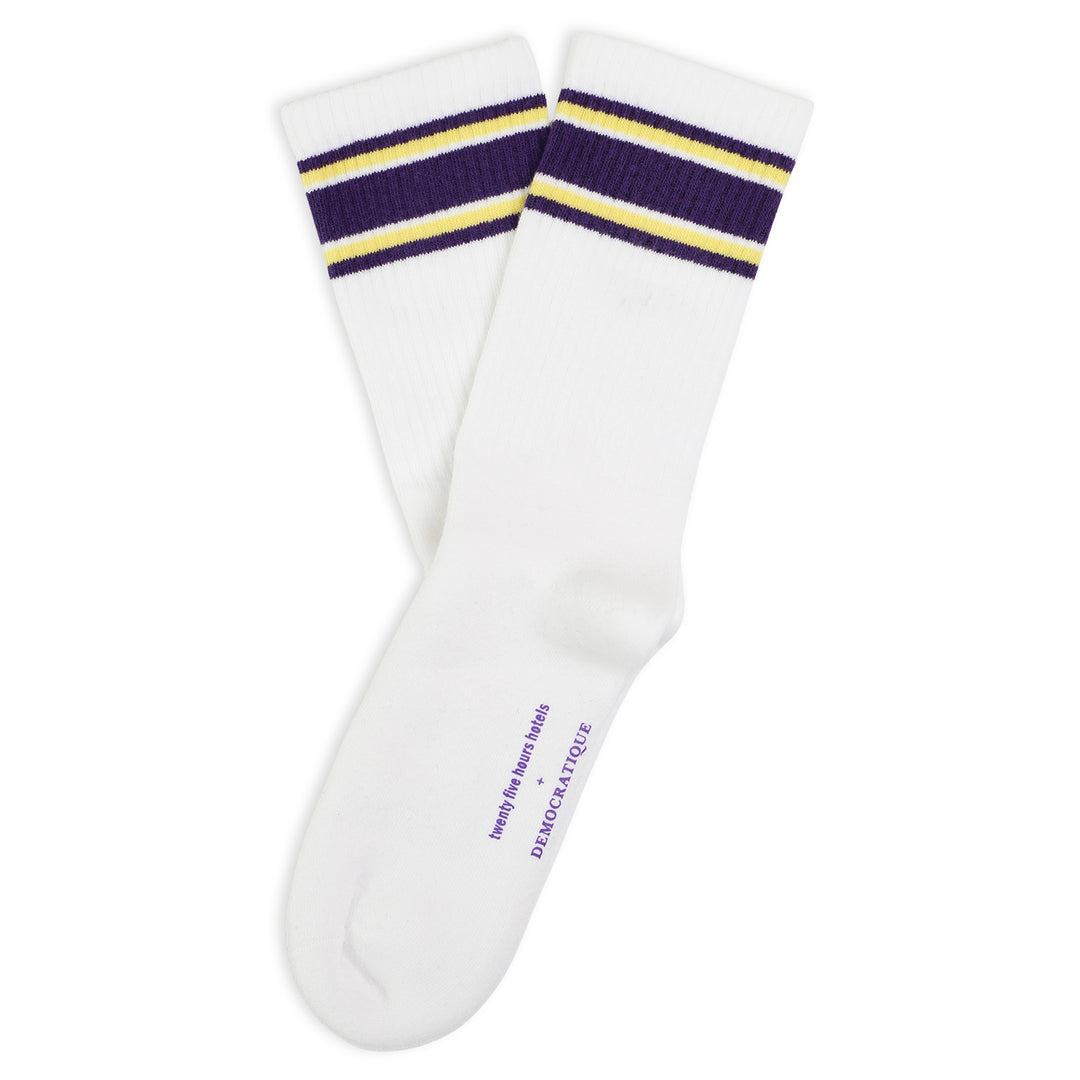 25hours Hotels x Democratique Socks Athletique Classique KEEP IT MOVING Organic Cotton Clear White / Purple / Yellow - Democratique Socks