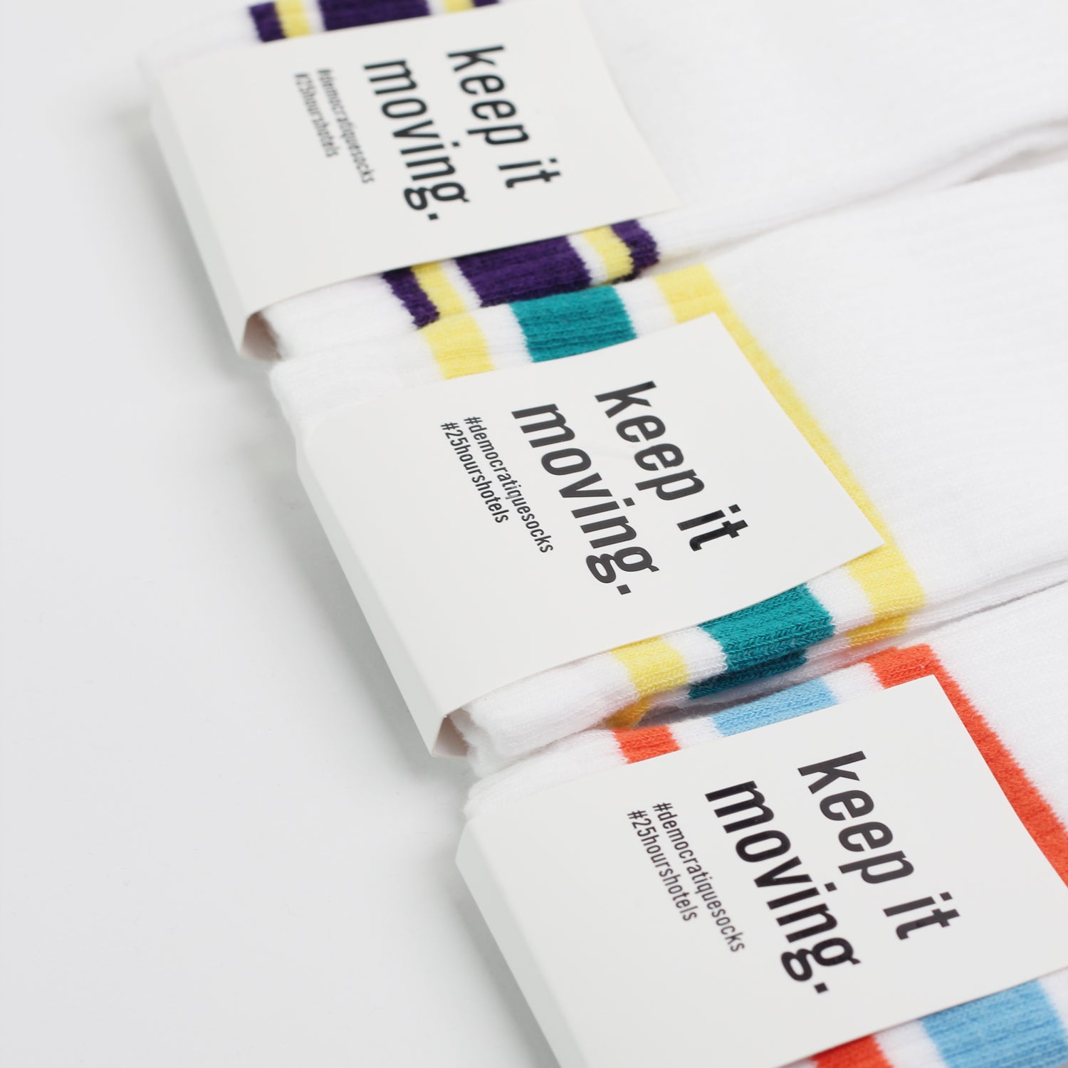 12-pack 25hours Hotels x Democratique Socks Athletique Classique KEEP IT MOVING Organic Cotton Clear White / Purple / Yellow - Democratique Socks