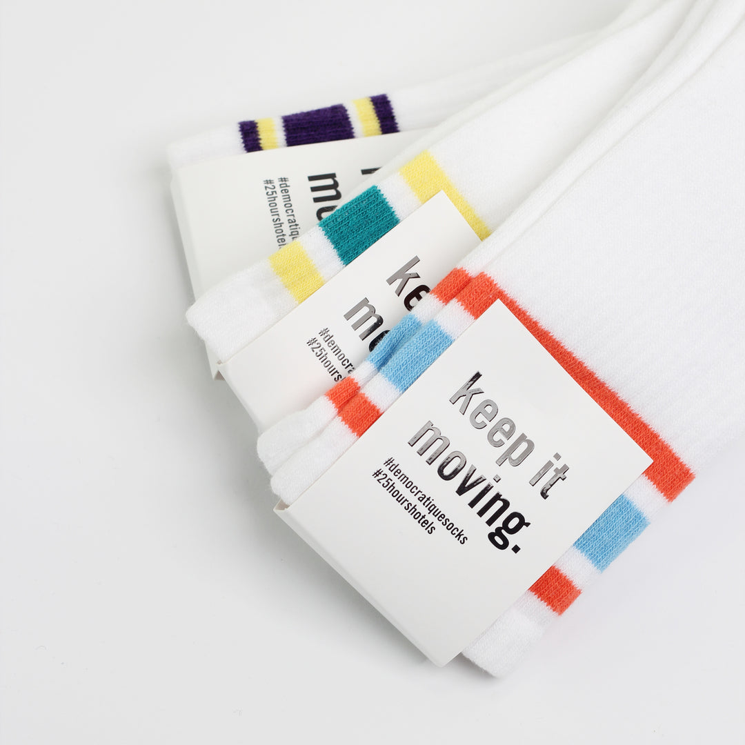 12-pack 25hours Hotels x Democratique Socks Athletique Classique KEEP IT MOVING Organic Cotton Clear White / New Green / Dusty Yellow - Democratique Socks