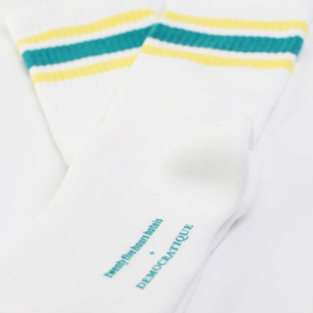 12-pack 25hours Hotels x Democratique Socks Athletique Classique KEEP IT MOVING Organic Cotton Clear White / New Green / Dusty Yellow - Democratique Socks
