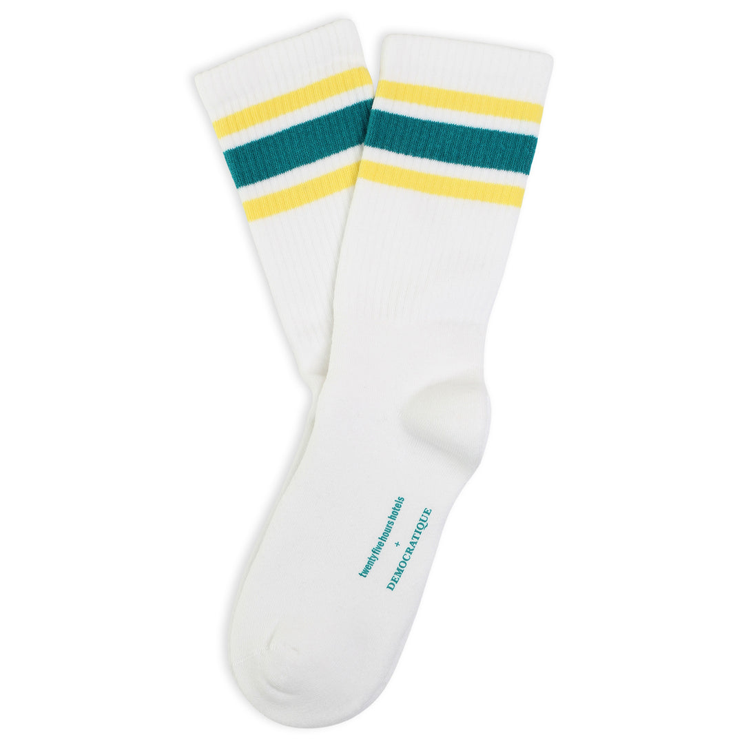 25hours Hotels x Democratique Socks Athletique Classique KEEP IT MOVING Organic Cotton Clear White / New Green / Dusty Yellow - Democratique Socks