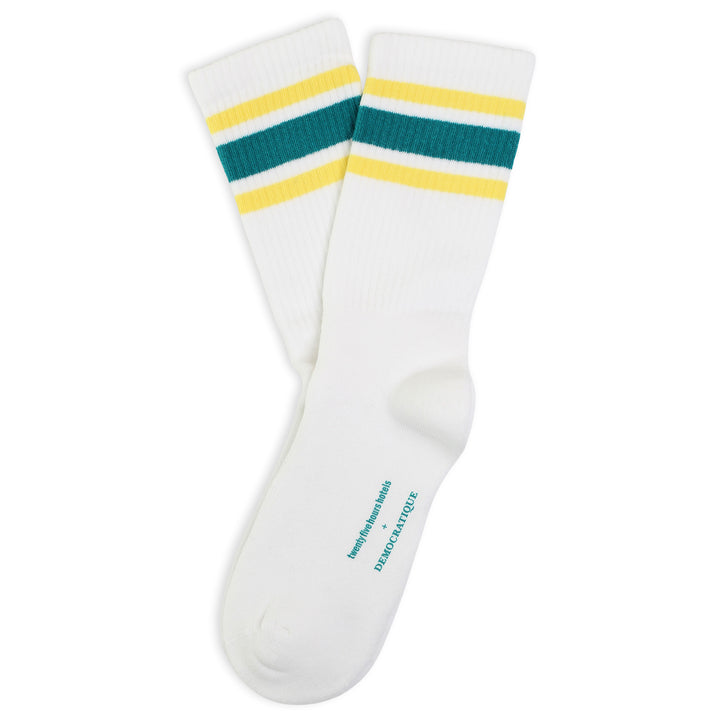 25hours Hotels x Democratique Socks Athletique Classique KEEP IT MOVING Organic Cotton Clear White / New Green / Dusty Yellow - Democratique Socks
