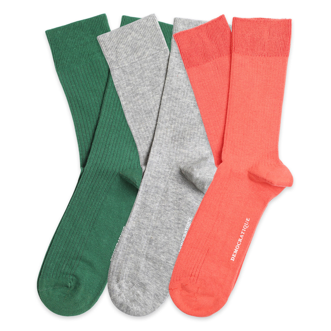 3-pack Originals Fine Rib Necessities Summer 25 Watermelon / Tough Green / Grey Melange - Democratique Socks
