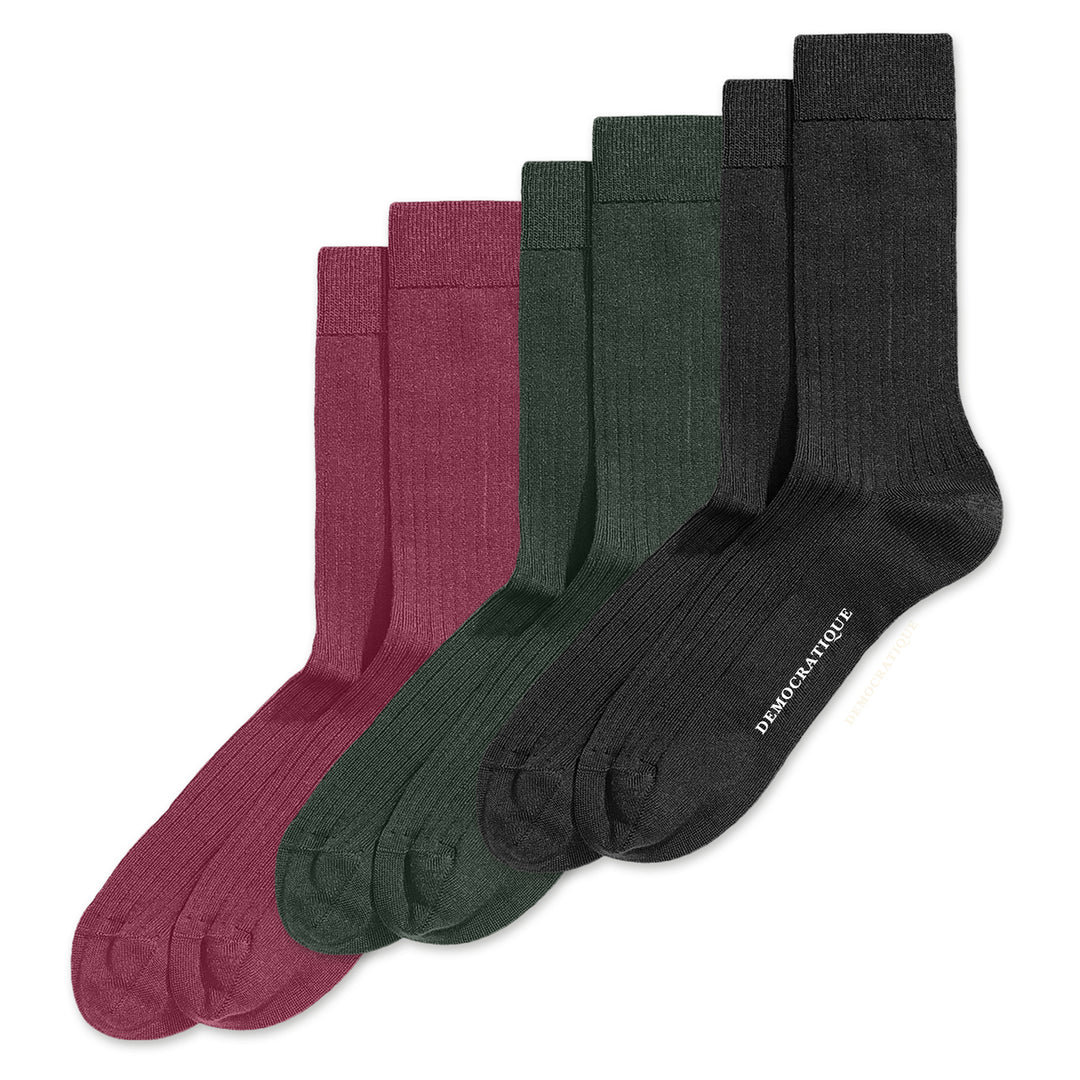 Democratique Socks Curated Pack 46 - 6 pairs, 2 Black, 2 Forest Green and 2 Bordeaux - Democratique Socks