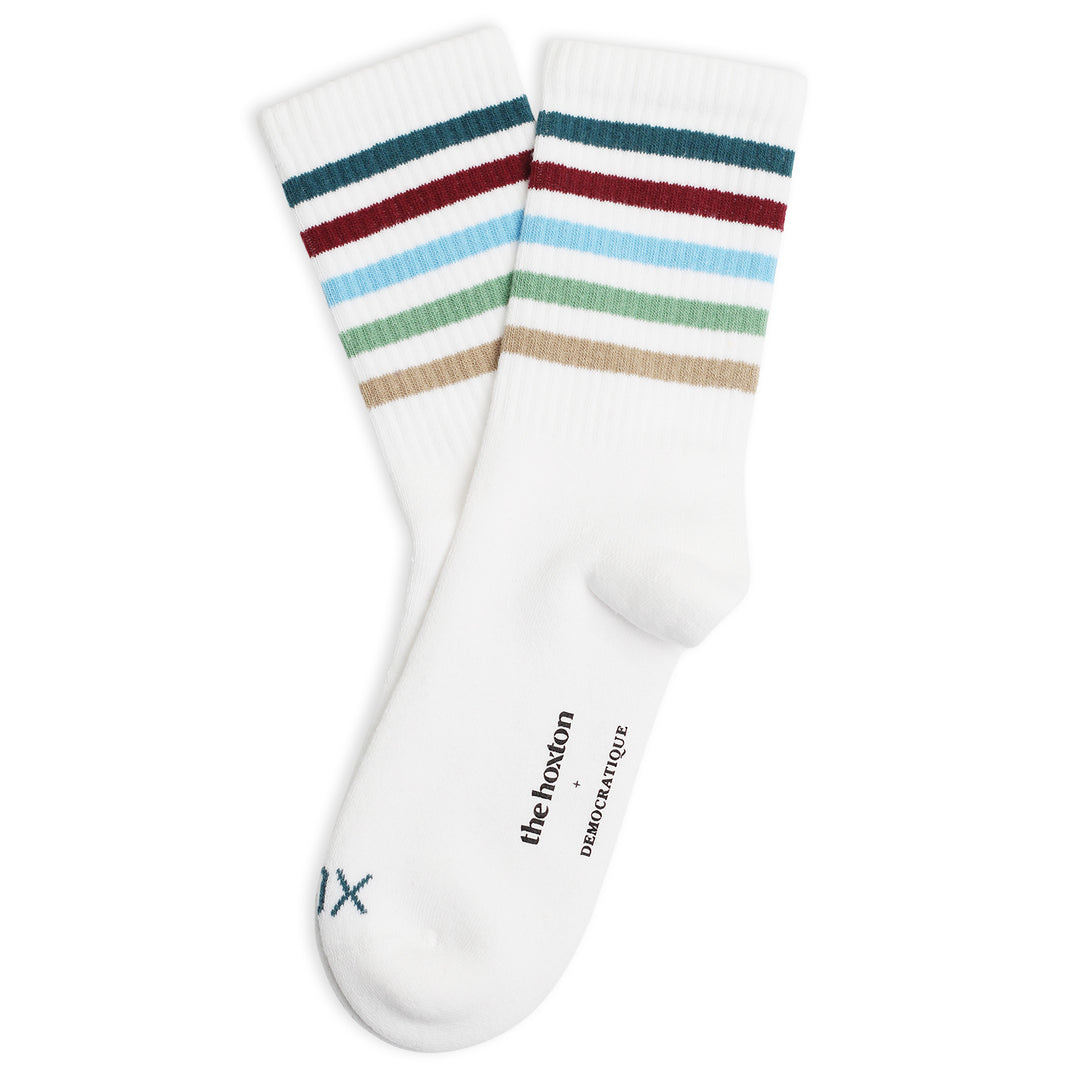 12-pack THE HOXTON X DEMOCRATIQUE SOCKS ATHLETIQUE CLASSIQUE HOX SOX MULTISTRIPE Organic Cotton Clear White / Bluish Green / Red Wine / Soft Green / Palm Springs Blue / Off White - Democratique Socks