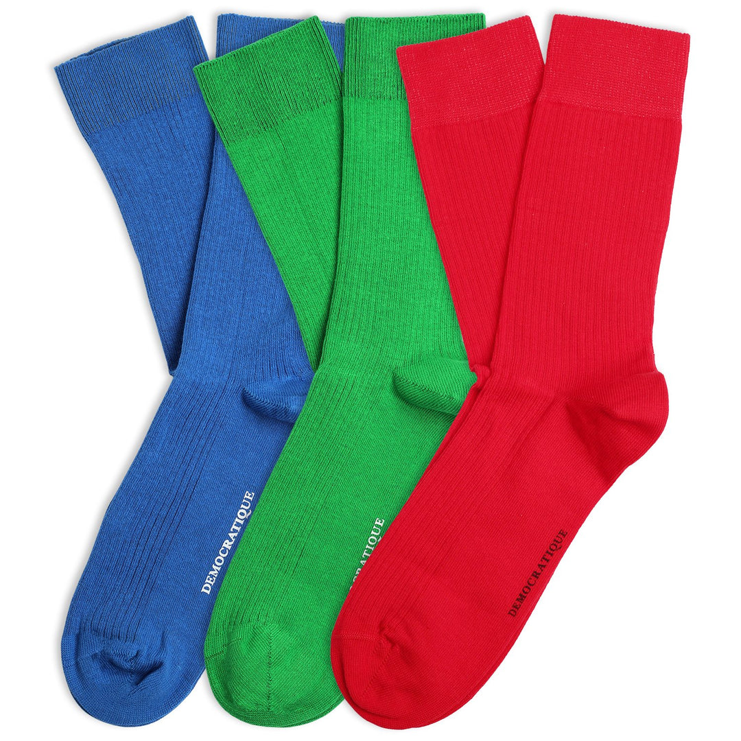 Originals Fine Rib 3-pair Popcolor Pack - Red, Green and Blue - Democratique Socks