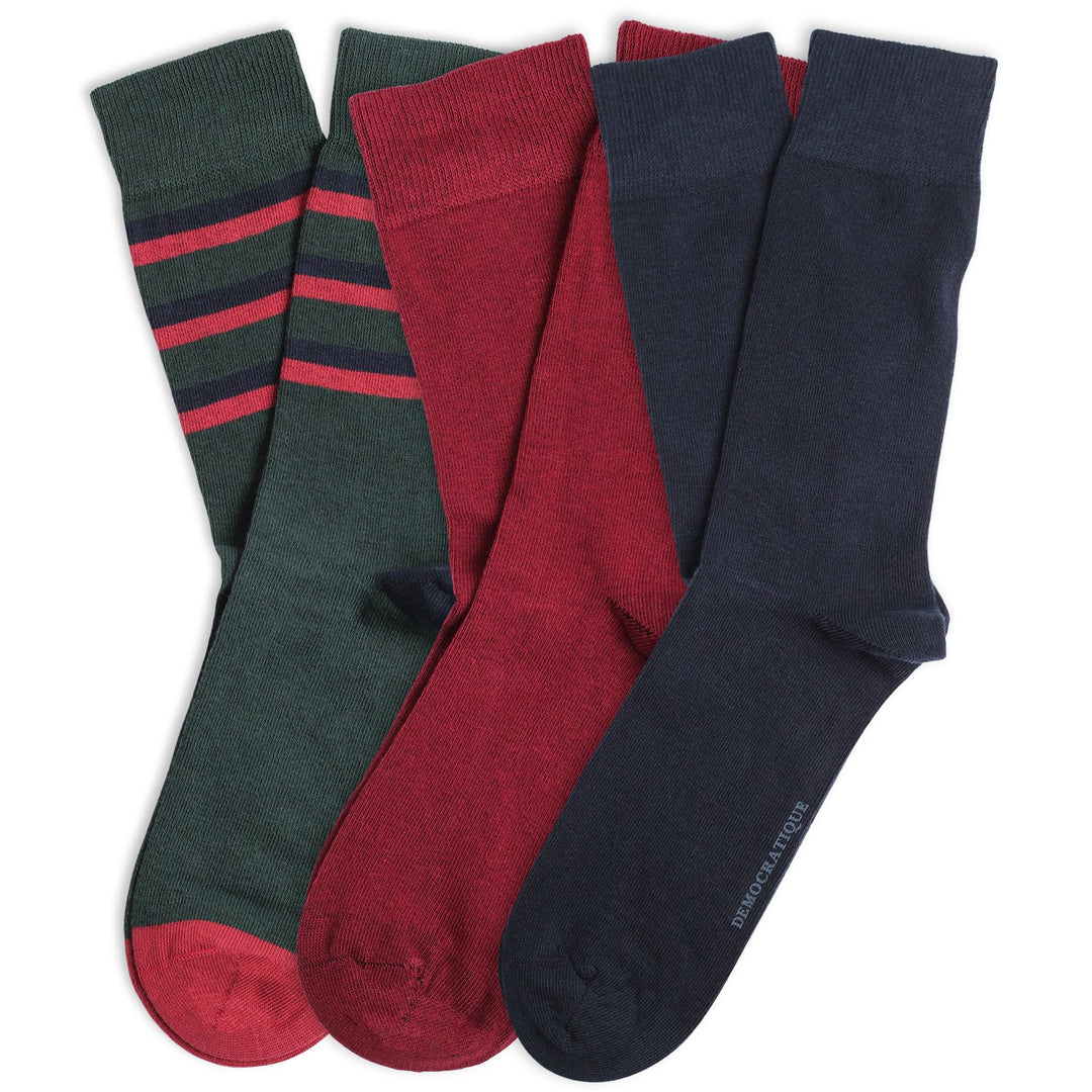 Originals Mix Striped and Solid 3-pack - Forest Green, Navy and Bordeaux - Democratique Socks