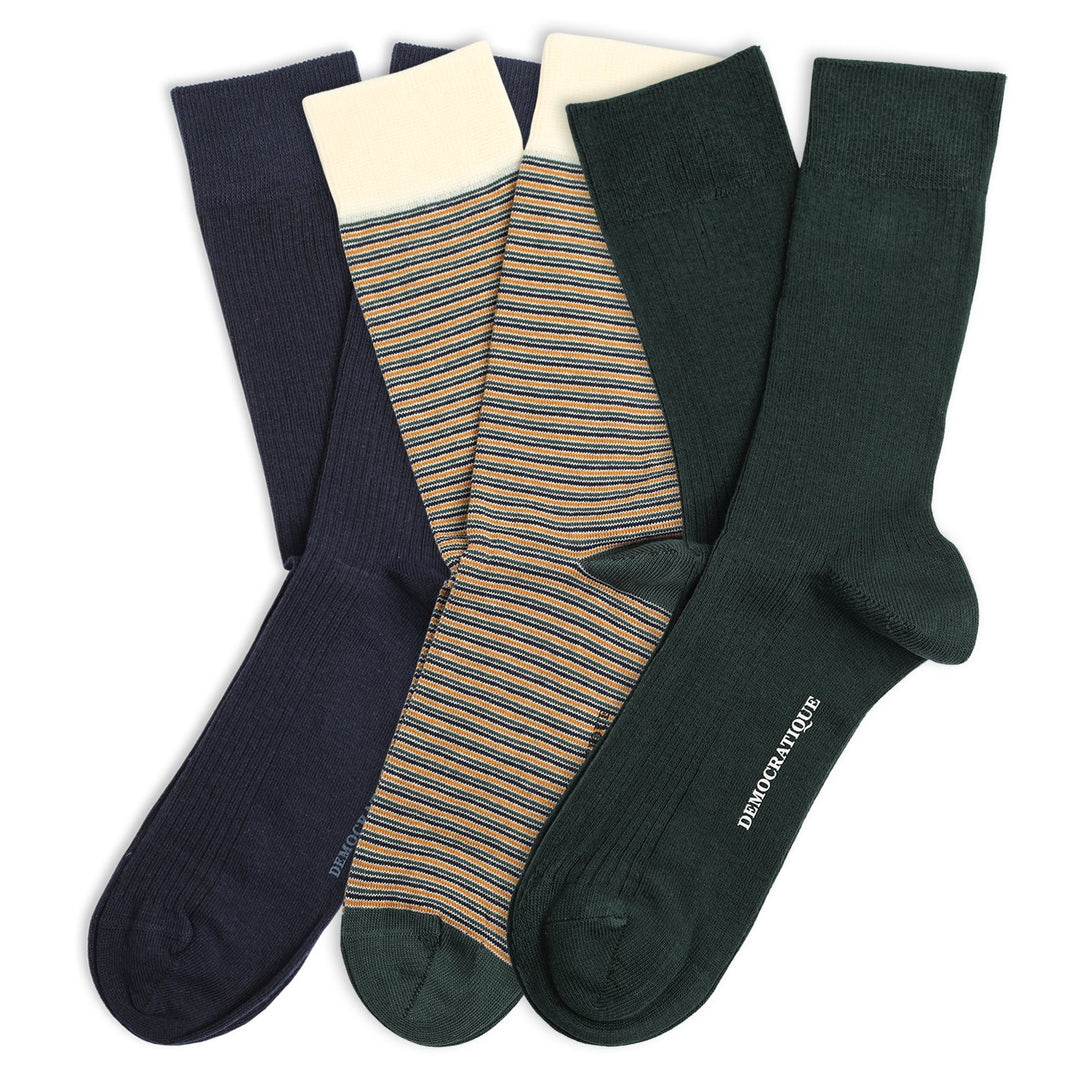 Originals Mix Striped and Solid 3-pack - Forest Green, Navy, Honey and offwhite - Democratique Socks