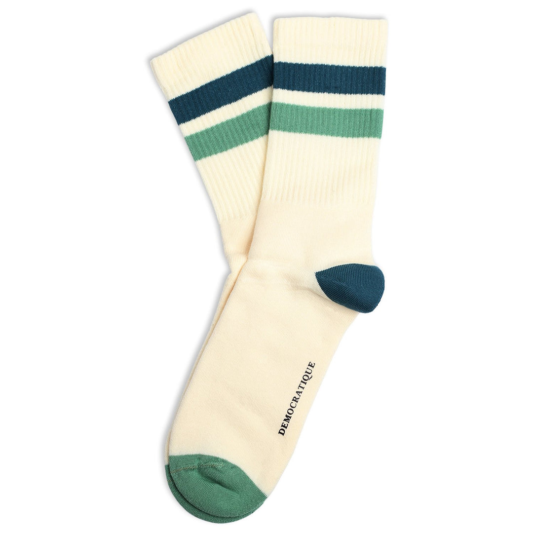 Athletique Classique Stripes Organic Cotton Off White / Benzin / Soft Green - Democratique Socks