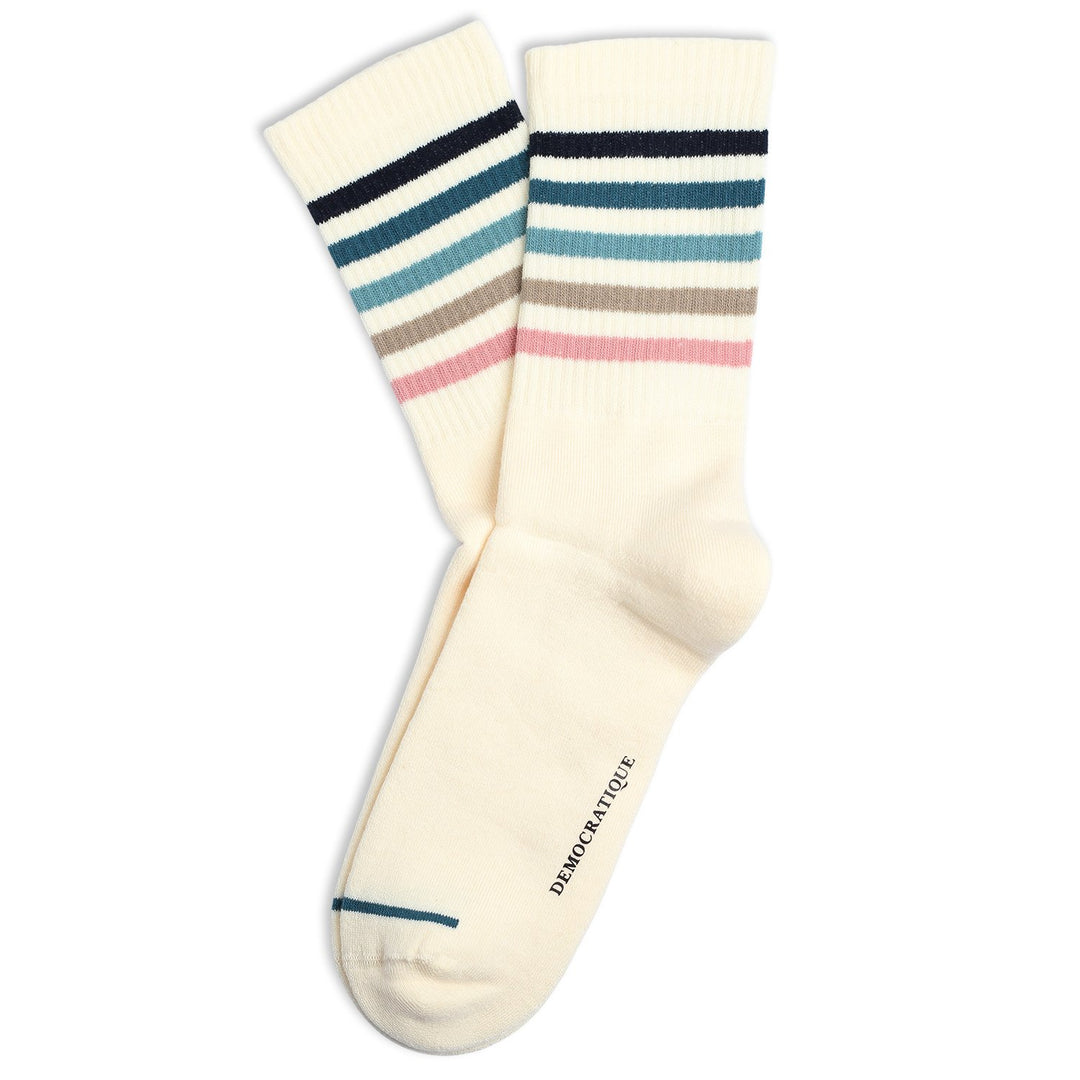 Athletique Classique Super Stripes Organic Cotton Off White / Navy / Benzin / Irr / Khaki / Pale Pink - Democratique Socks