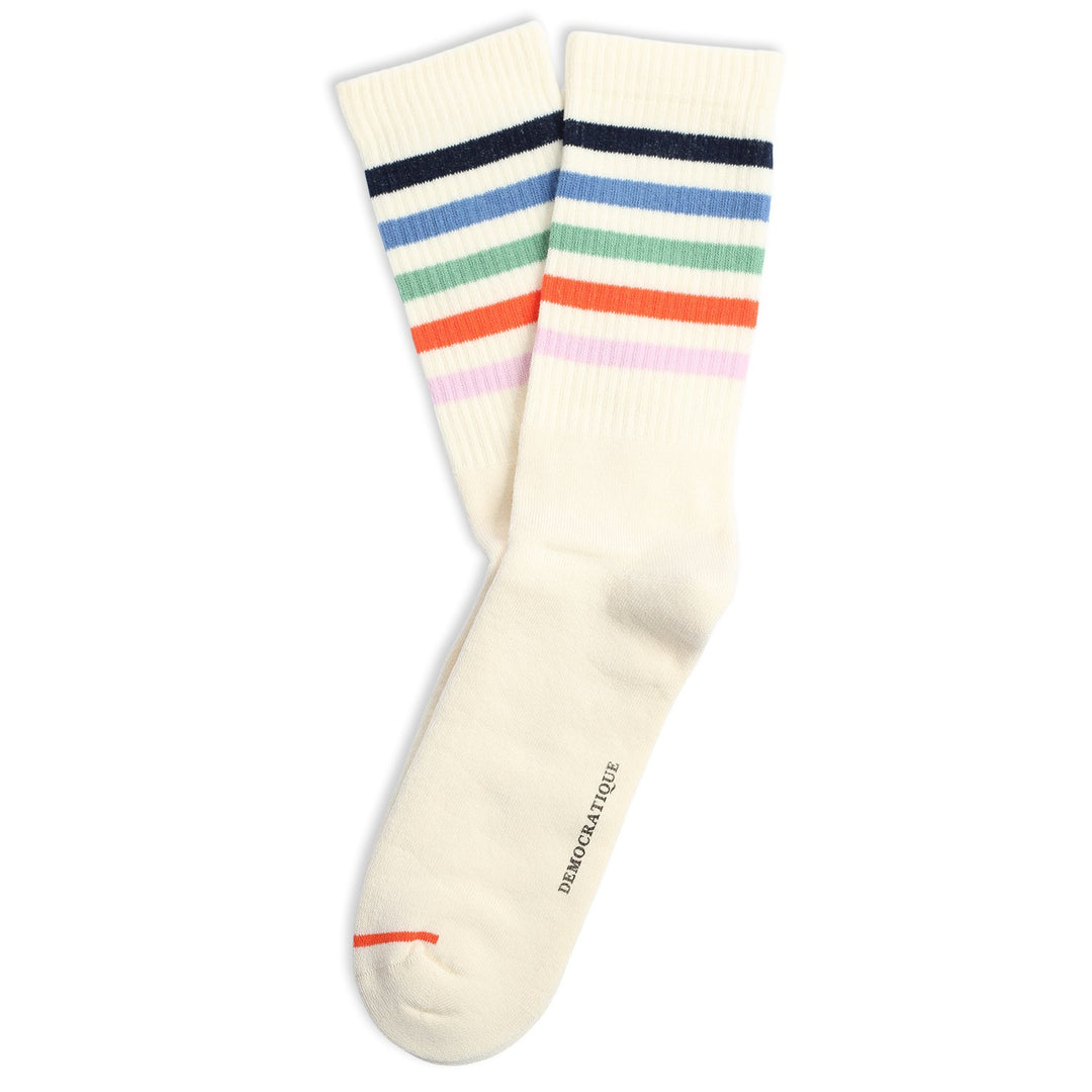 Athletique Classique Super Stripes Socks Off White / Navy / Cold Blue / Soft Green / Pumpkin / Cold Blossom - Democratique Socks