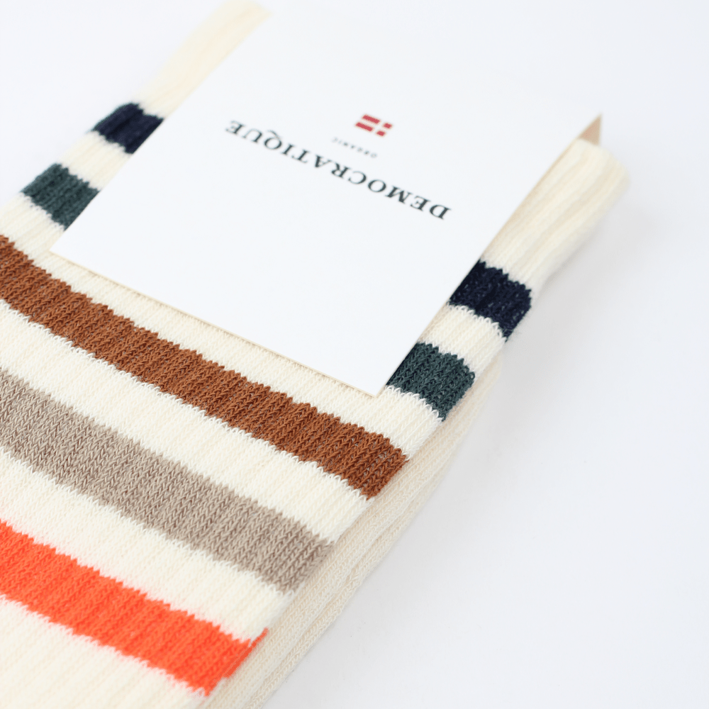 Athletique Classique Super Stripes Socks Off White / Navy / Forrest Green / Hot Nutshell / Khaki / Pumpkin - Democratique Socks