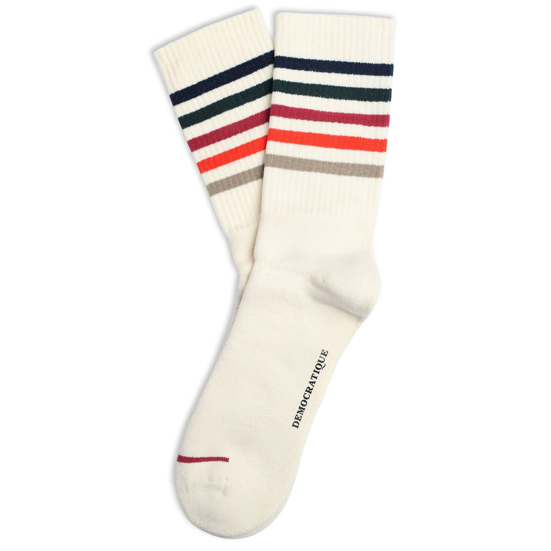 Athletique Classique Super Stripes Organic Cotton Off White / Navy / Forrest Green / Light Rosso / Okker Orange / Rough Sand - Democratique Socks