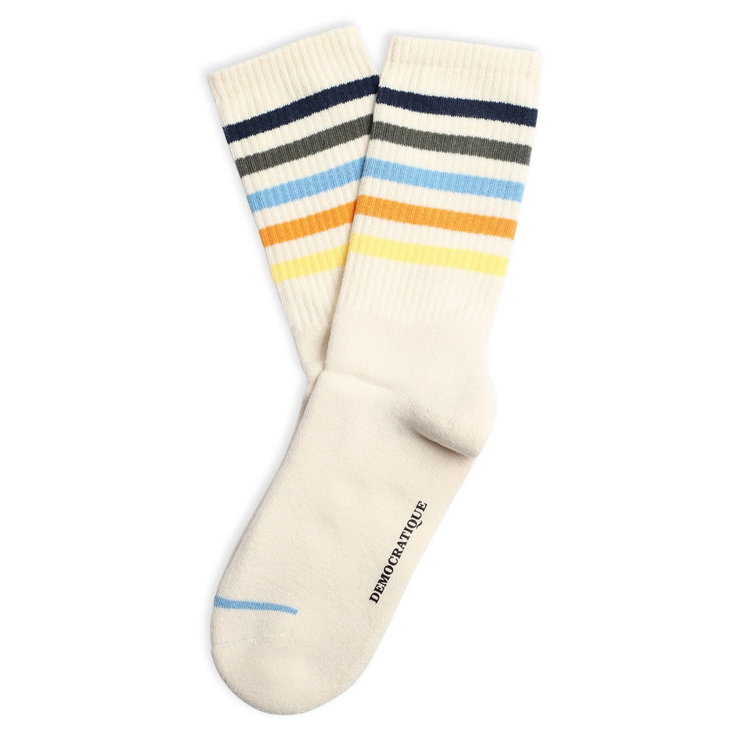 6-pack Athletique Classique Super Stripes Organic Cotton Off White / Shaded Blue / Army / Palm Springs Blue / Soft Orange / Pale Yellow - Democratique Socks