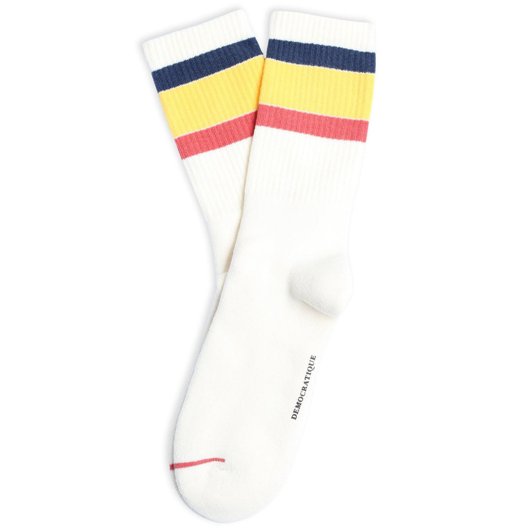 Athletique Classique Trois Bloque Off White / New Blue / Mellow Yellow / Coral Lipstick - Democratique Socks