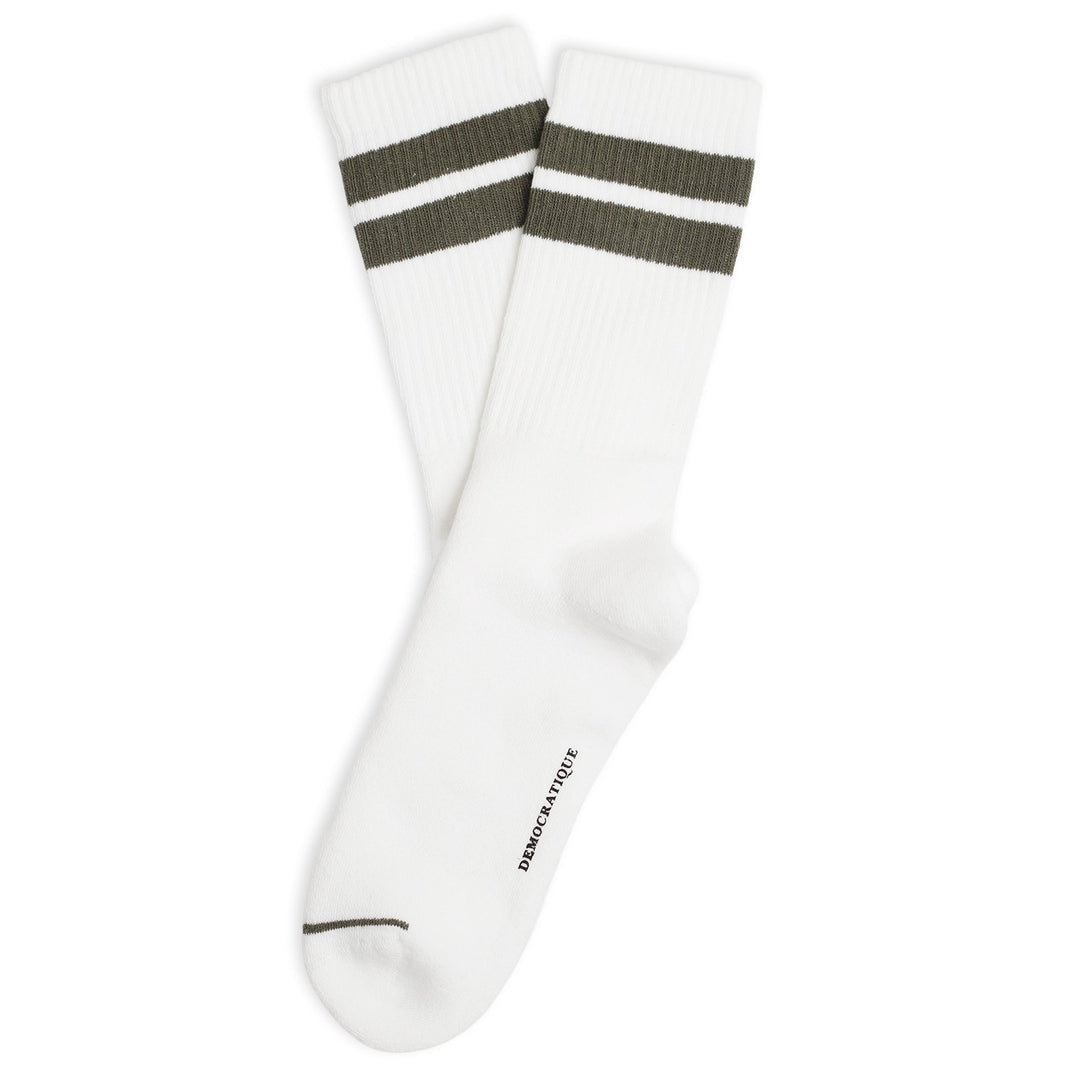 Athletique Classique Clean Stripes Organic Cotton Clear White / Army - Democratique Socks