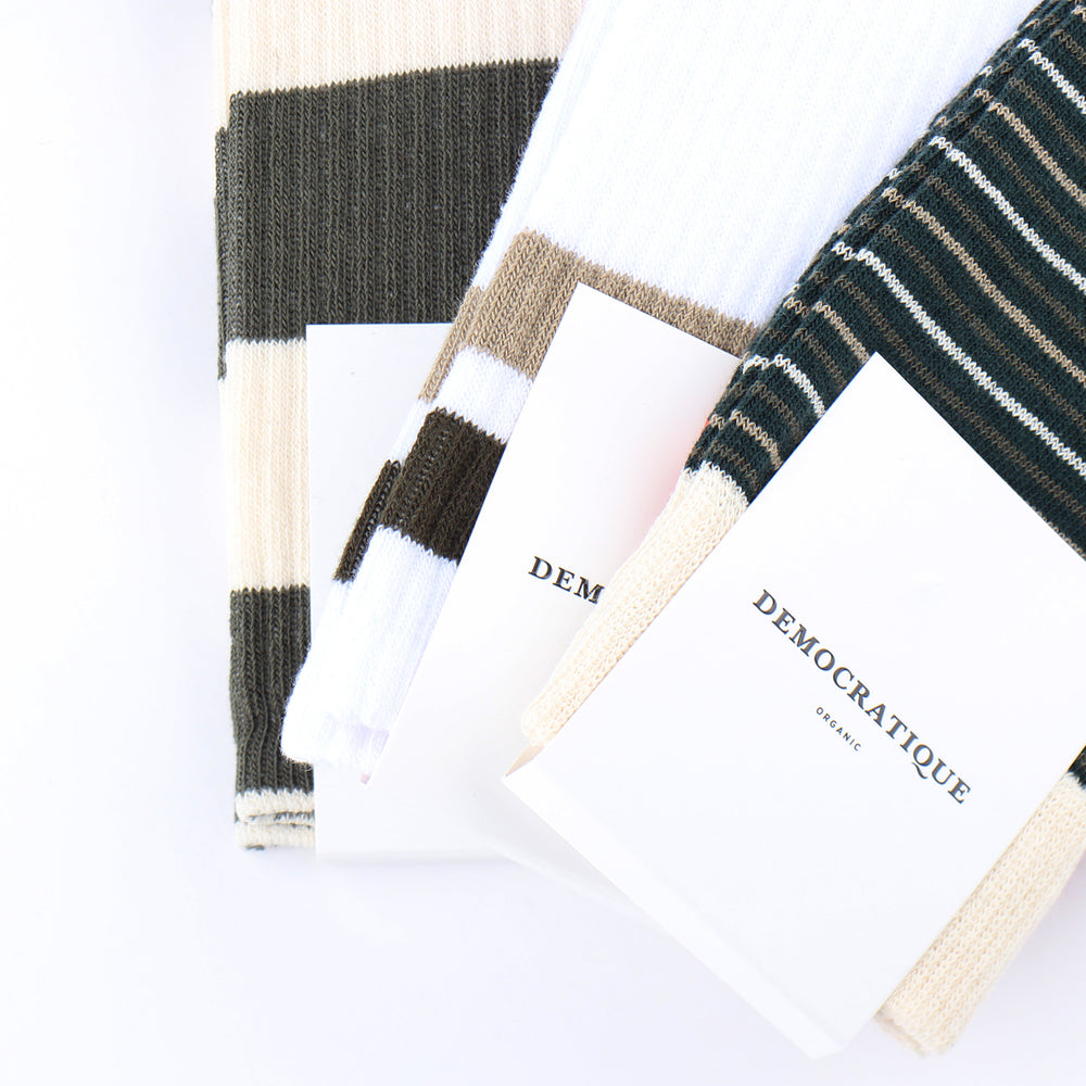 Athletique Classique Stripes Organic Cotton Clear White / Rough Sand / Army - Democratique Socks
