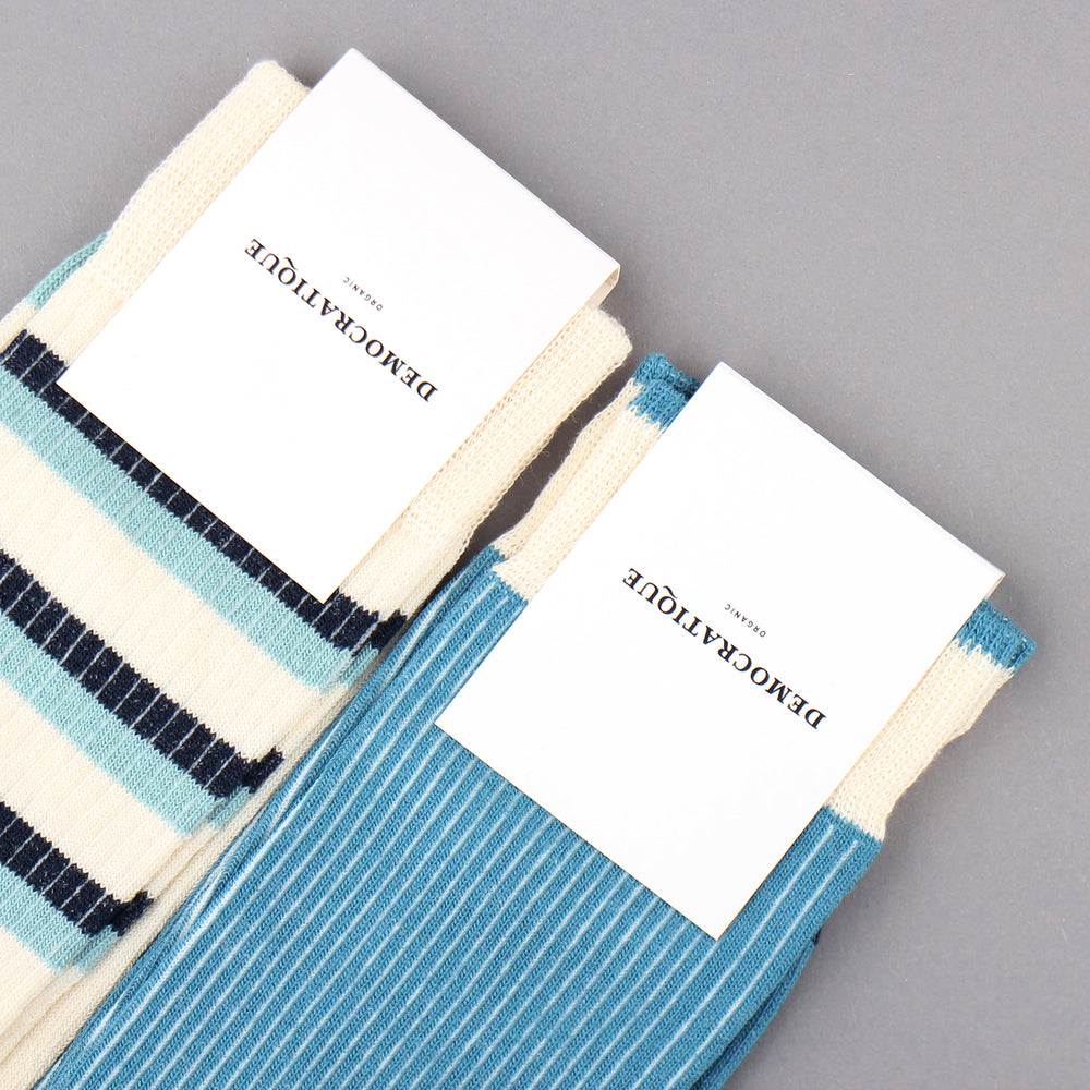 Democratique Socks Originals Full Latitude Stripes Organic Cotton Off White - Petroleum Blue - Navy - Democratique Socks