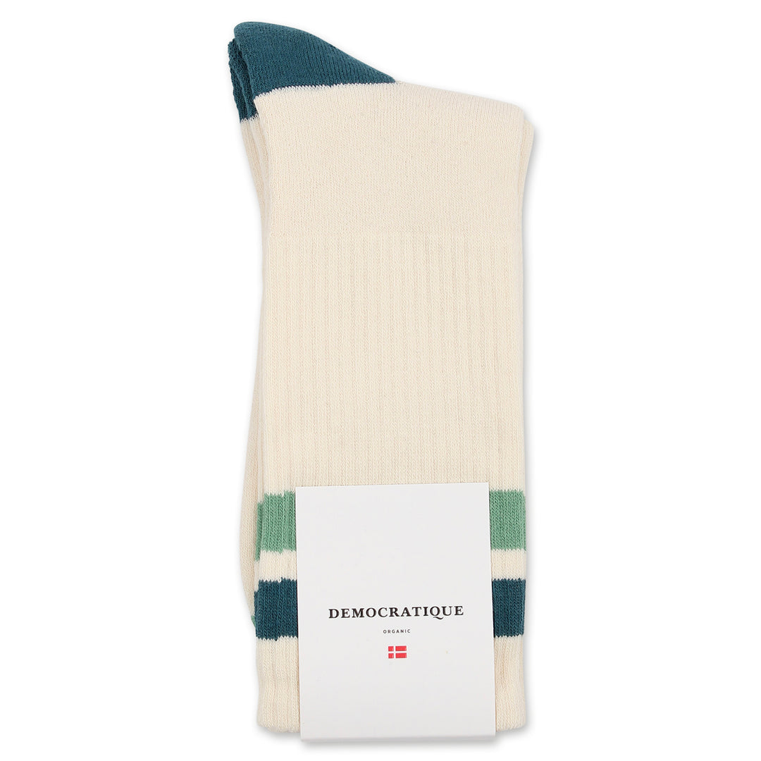 Athletique Classique Stripes Organic Cotton Off White / Benzin / Soft Green - Democratique Socks