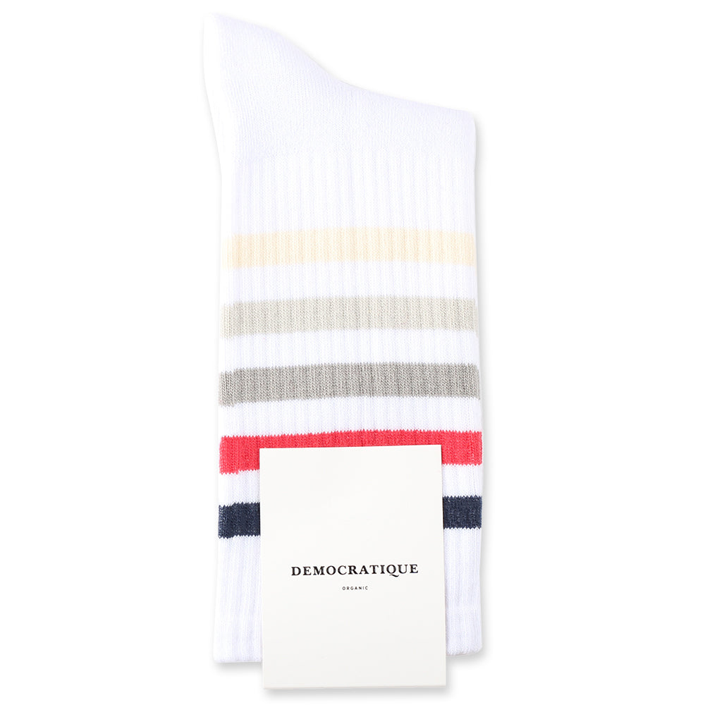 Athletique Classique Super Stripes Organic Cotton Clear White / Shaded Blue / Spring Red / Stone / Soft Grey / Off White - Democratique Socks