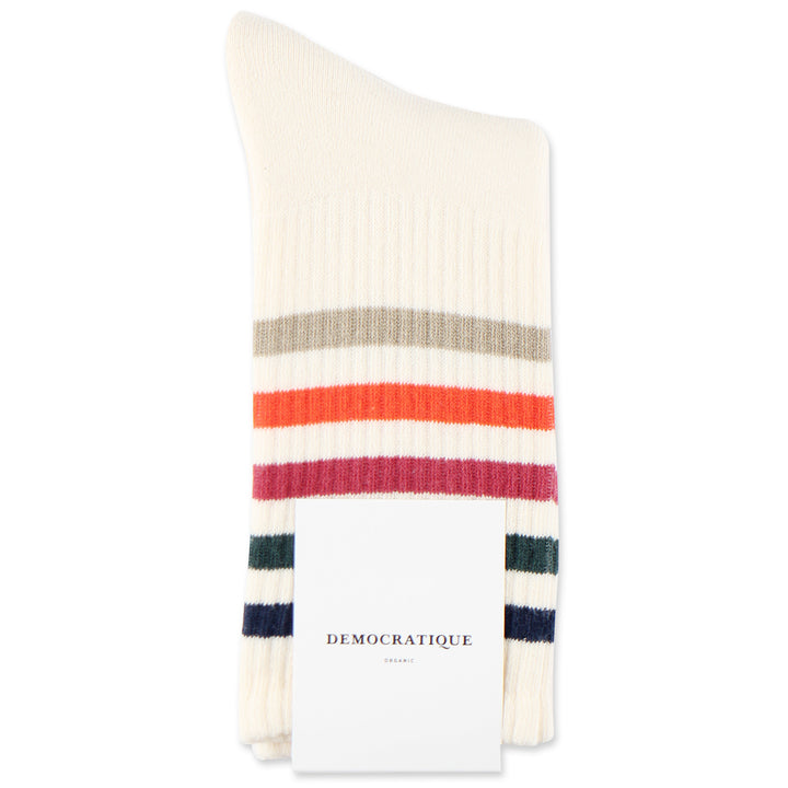 Athletique Classique Super Stripes Organic Cotton Off White / Navy / Forrest Green / Light Rosso / Okker Orange / Rough Sand - Democratique Socks