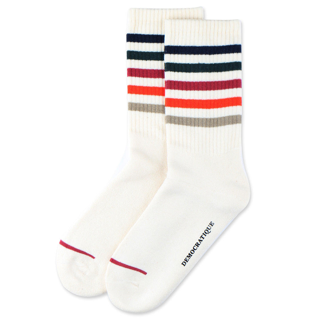 Athletique Classique Super Stripes Organic Cotton Off White / Navy / Forrest Green / Light Rosso / Okker Orange / Rough Sand - Democratique Socks