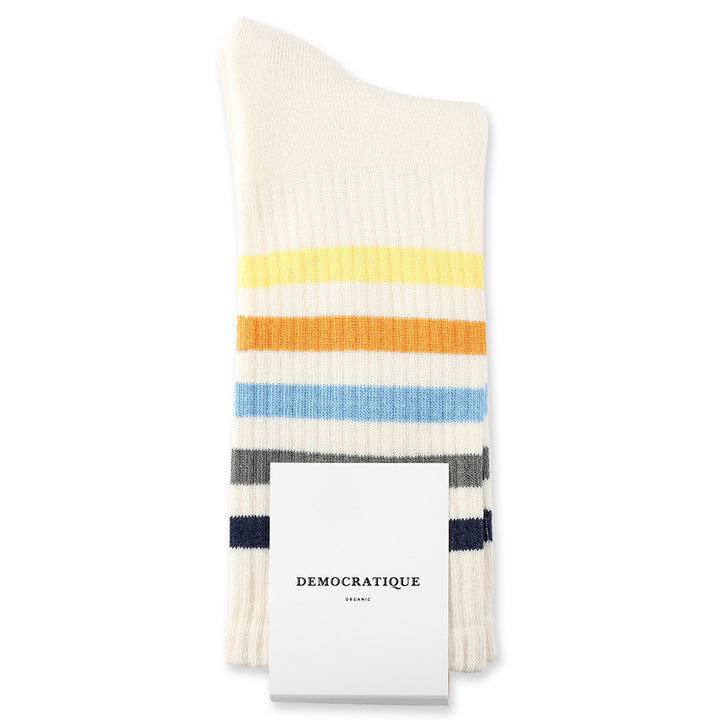 Athletique Classique Super Stripes Organic Cotton Off White / Shaded Blue / Army / Palm Springs Blue / Soft Orange / Pale Yellow - Democratique Socks