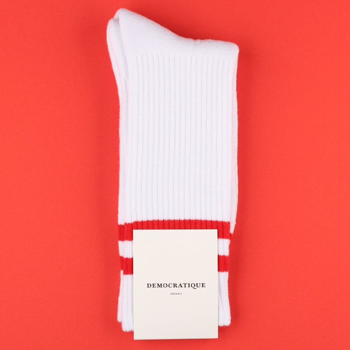 Athletique Classique Football Stripes Clear White / Mailbox Red - Democratique Socks