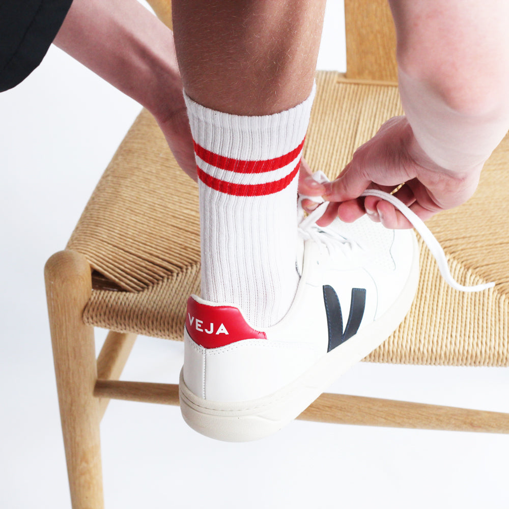 Athletique Classique Football Stripes Clear White / Mailbox Red - Democratique Socks