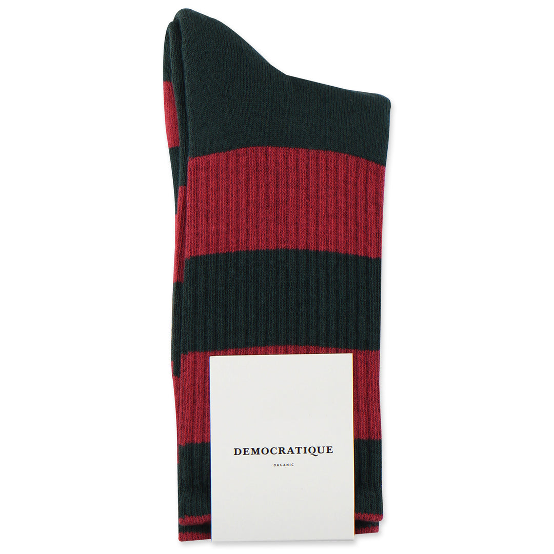 Athletique Classique Rugby Stripes Organic Cotton Forrest Green / Light Rosso - Democratique Socks