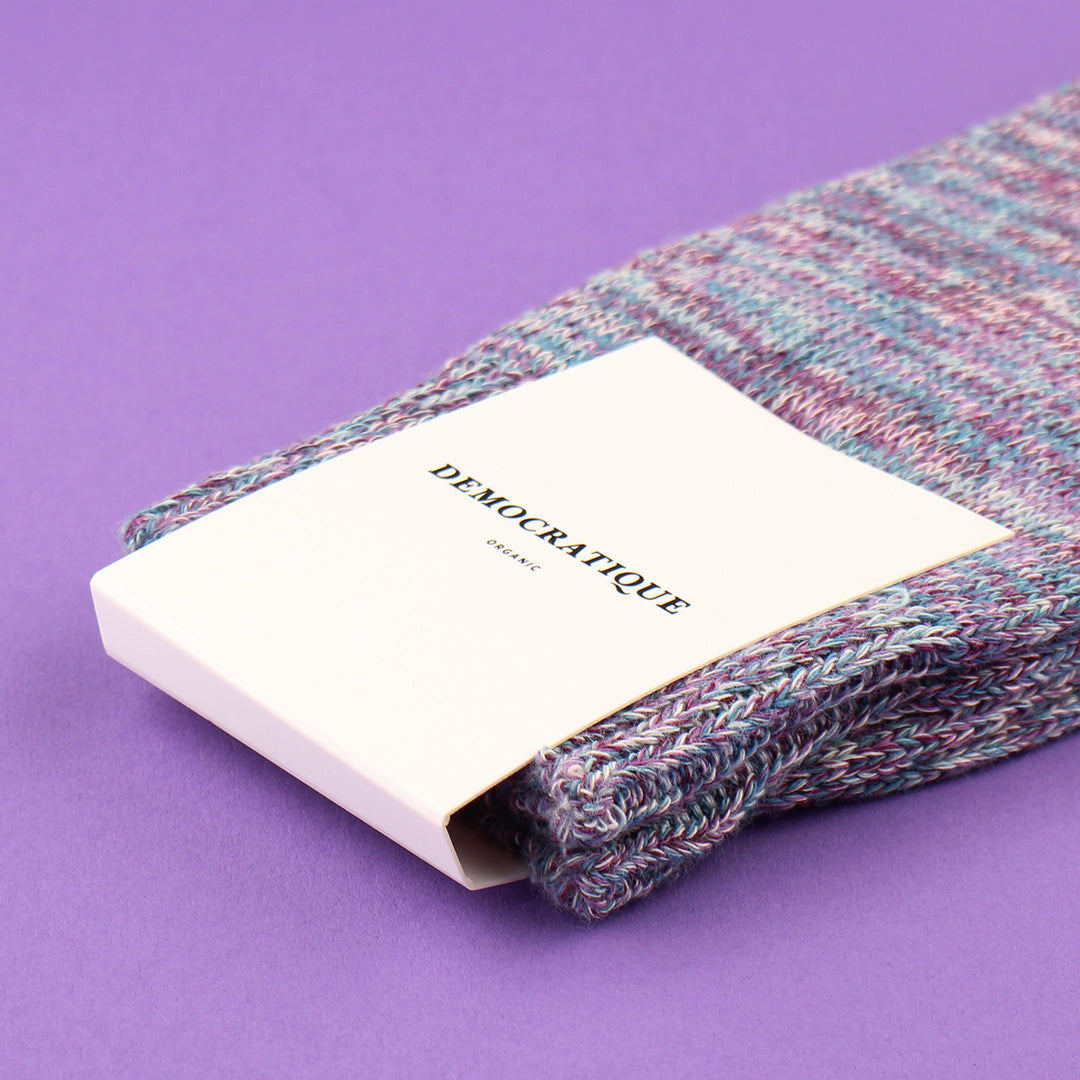 Democratique Socks Relax Chunky Flat Knit Supermelange Organic Cotton Irr - Wild Berry - Off White - Clear Purple - Petroleum Blue - Democratique Socks
