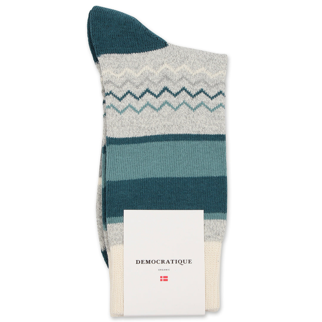 Democratique Socks Relax ZigZag Block Knit Supermelange Organic Cotton Light Grey Melange / Off White / Irr / Benzin - Democratique Socks