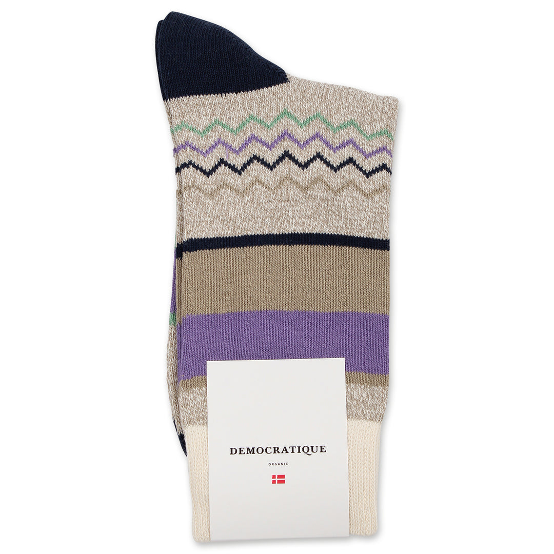 Democratique Socks Relax ZigZag Block Knit Supermelange Organic Cotton Off White / Khaki / Clear Purple / Soft Green / Navy - Democratique Socks
