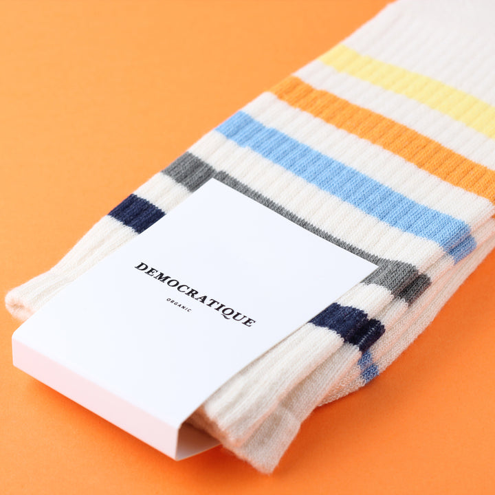Athletique Classique Super Stripes Organic Cotton Off White / Shaded Blue / Army / Palm Springs Blue / Soft Orange / Pale Yellow - Democratique Socks