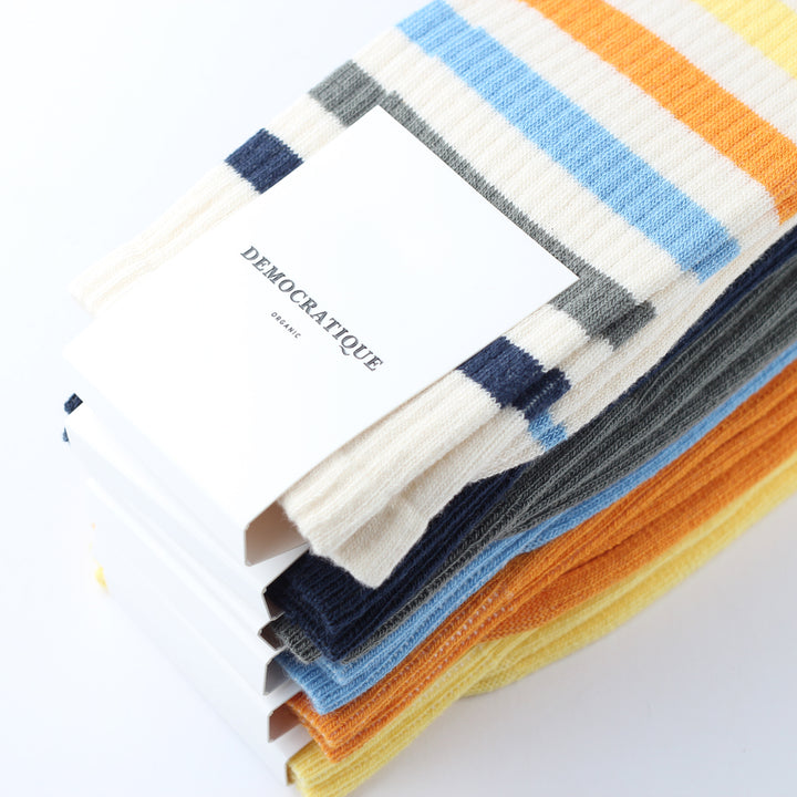 Athletique Classique Super Stripes Organic Cotton Off White / Shaded Blue / Army / Palm Springs Blue / Soft Orange / Pale Yellow - Democratique Socks