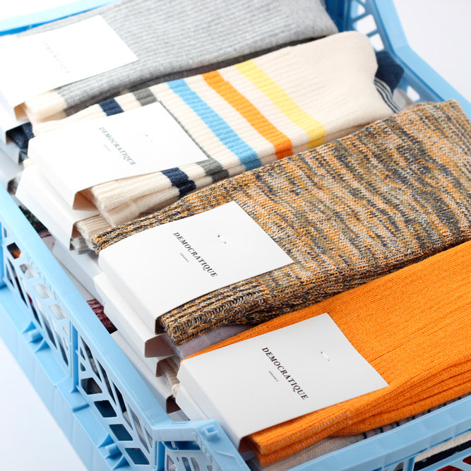 Athletique Classique Super Stripes Organic Cotton Off White / Shaded Blue / Army / Palm Springs Blue / Soft Orange / Pale Yellow - Democratique Socks