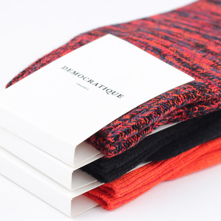 Democratique Socks Relax Chunky Flat Knit Supermelange Organic Cotton Black / Heavy Emerald / New Red / Okker Orange - Democratique Socks