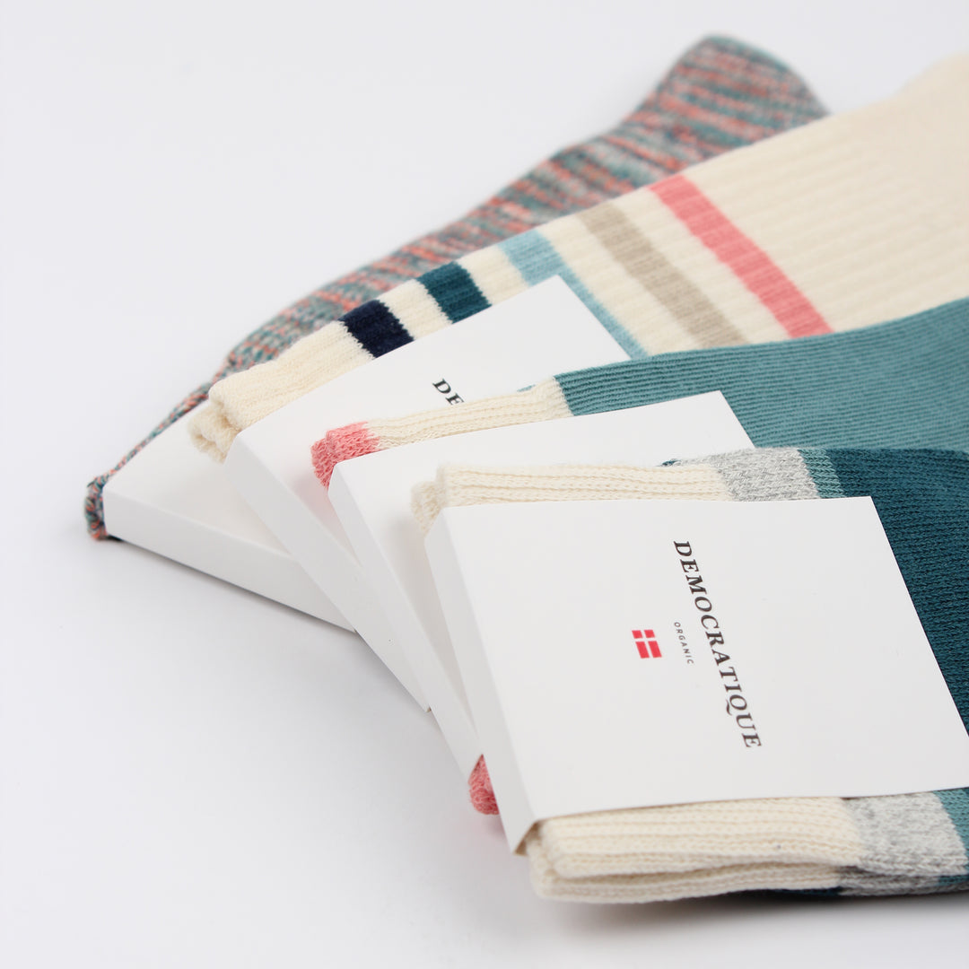 Athletique Classique Super Stripes Organic Cotton Off White / Navy / Benzin / Irr / Khaki / Pale Pink - Democratique Socks