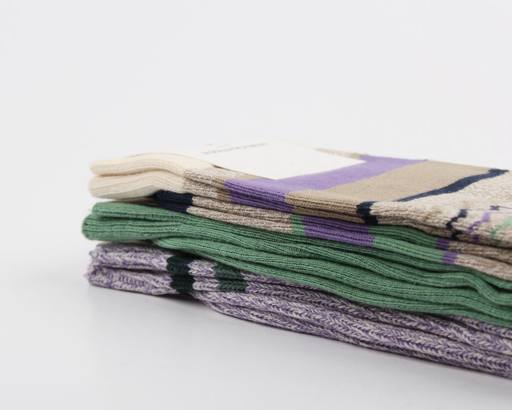 Democratique Socks Relax ZigZag Block Knit Supermelange Organic Cotton Off White / Khaki / Clear Purple / Soft Green / Navy - Democratique Socks