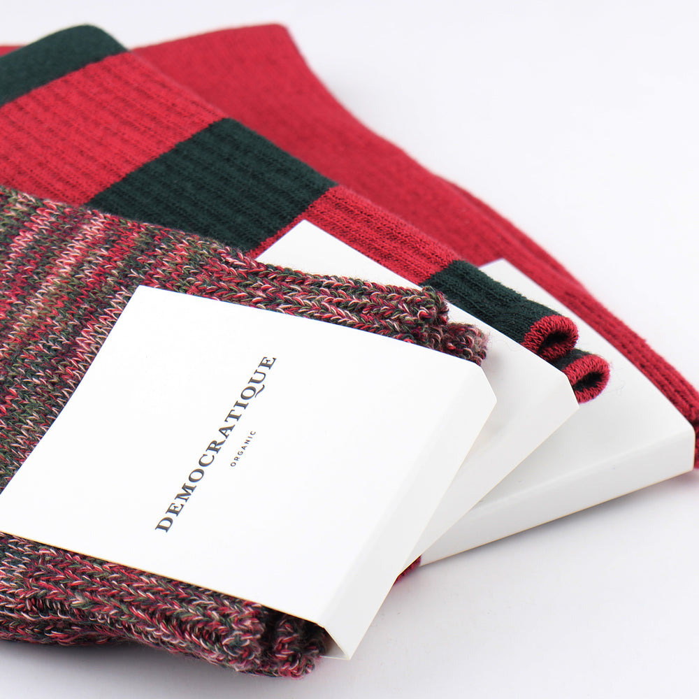 Athletique Classique Rugby Stripes Organic Cotton Forrest Green / Light Rosso - Democratique Socks