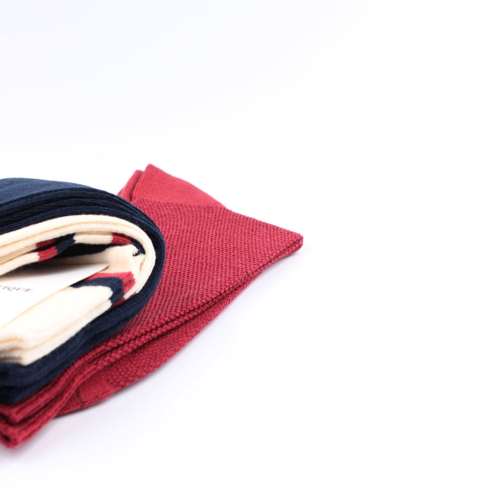 OF 3-pack 1 - Off White / Navy / Light Rosso - Stripes, Pique and Flat Knit - Democratique Socks