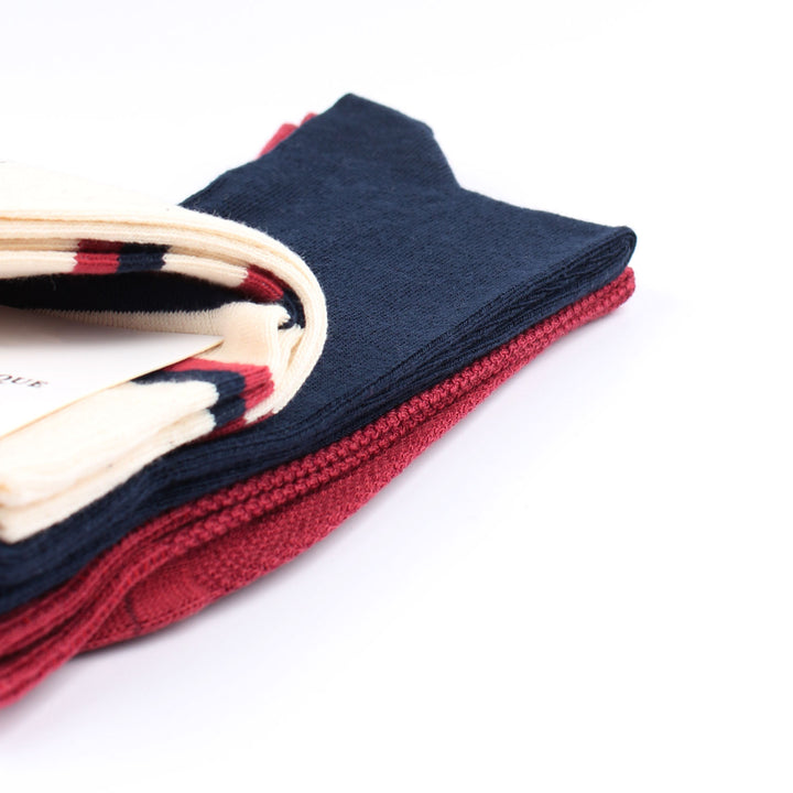 OF 3-pack 1 - Off White / Navy / Light Rosso - Stripes, Pique and Flat Knit - Democratique Socks