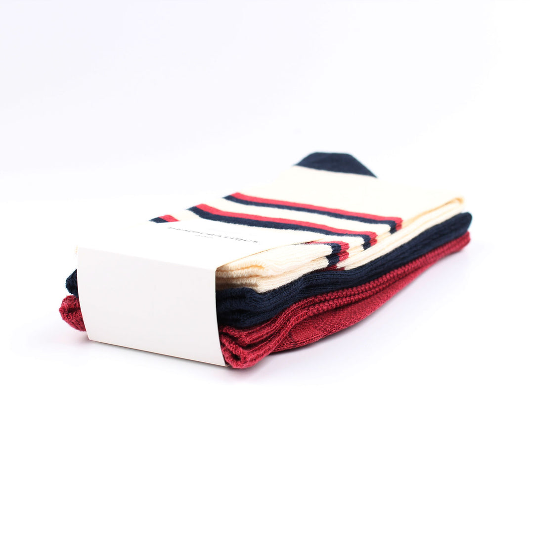 OF 3-pack 1 - Off White / Navy / Light Rosso - Stripes, Pique and Flat Knit - Democratique Socks