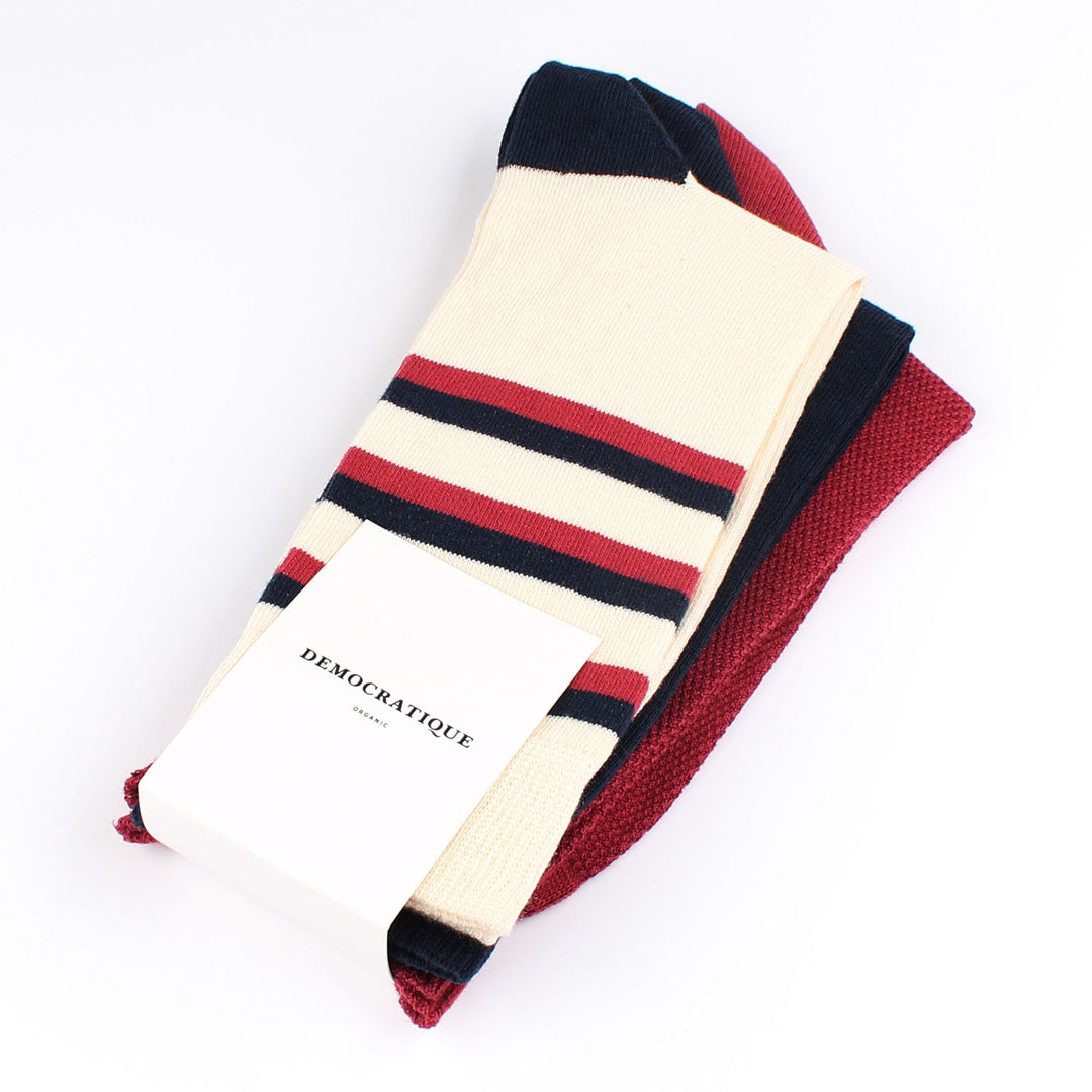 OF 3-pack 1 - Off White / Navy / Light Rosso - Stripes, Pique and Flat Knit - Democratique Socks