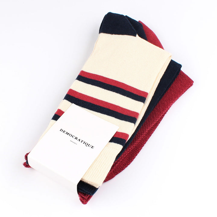 OF 3-pack 1 - Off White / Navy / Light Rosso - Stripes, Pique and Flat Knit - Democratique Socks